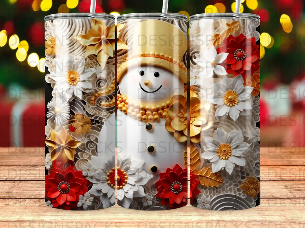 Snowman with floral accents on a tumbler with bokeh lights background.
