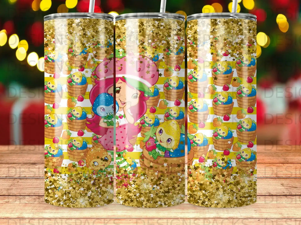 Strawberry Shortcake character with fruit and glitter pattern on a tumbler.