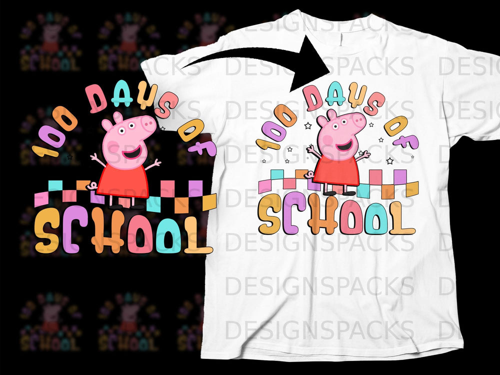 Peppa Pig celebrates 100 Days of School with colorful letters and checkered blocks.