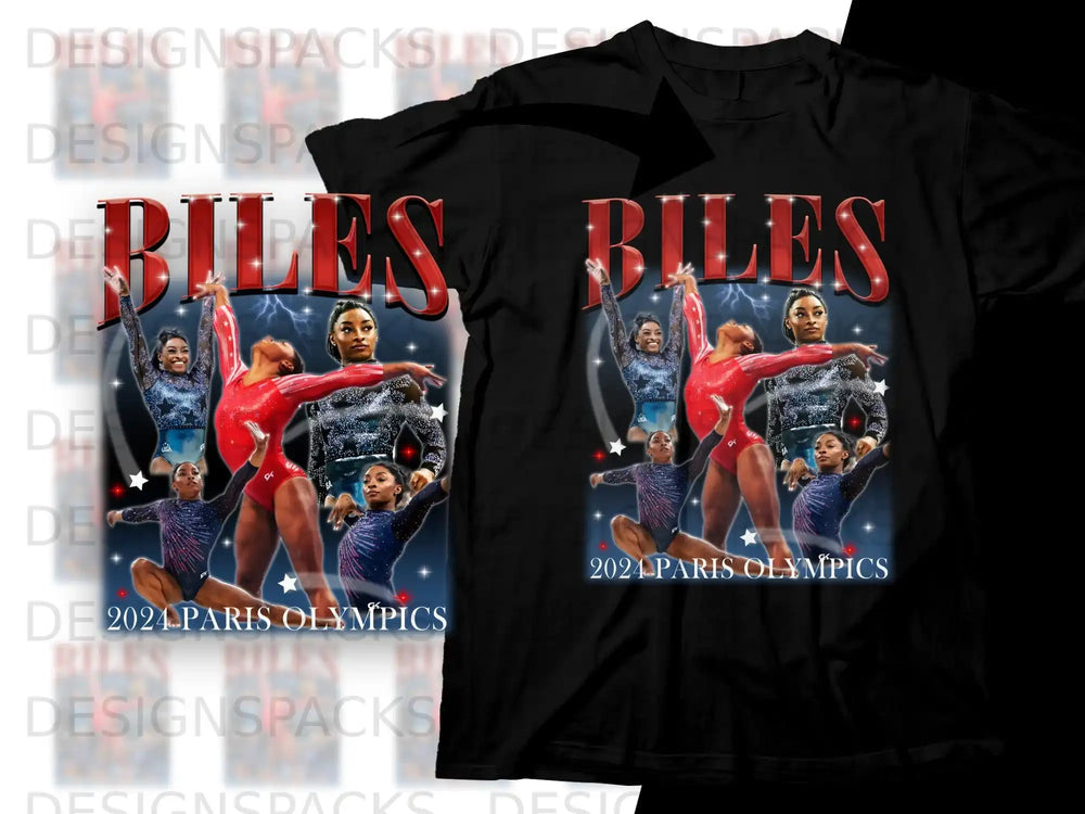 Simone Biles graphic tee with "Biles" and "2024 Paris Olympics" text.