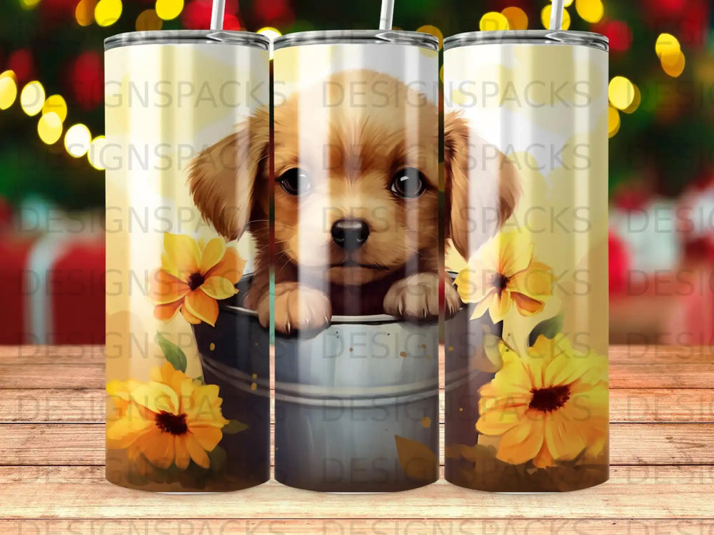 Puppy in a bucket with sunflowers, repeating "DESIGNSPACKS" watermark.