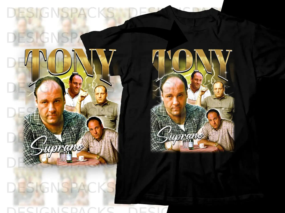 Black t-shirt with "Tony Soprano" graphic and image.