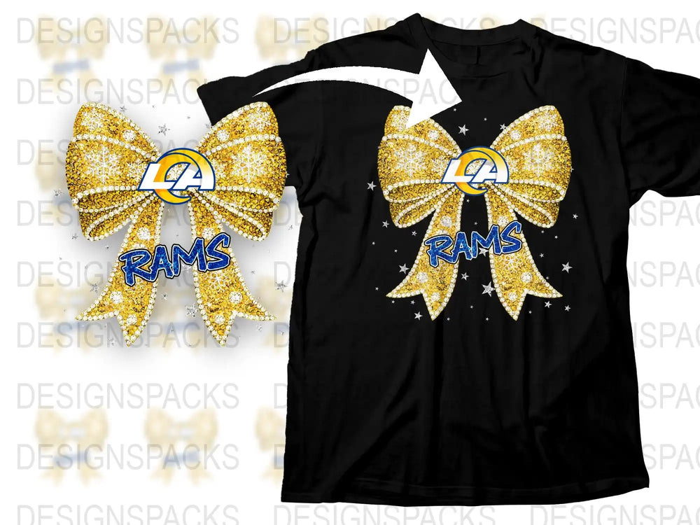 LA Rams Sparkle Bow and T-Shirt Set, Fan Gear, Glitter Rhinestone, Sports Apparel, Football Season Outfit