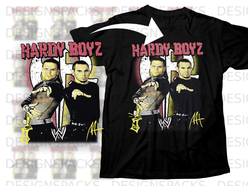 Two Hardy Boyz t-shirts, each featuring the duo and their logo.
