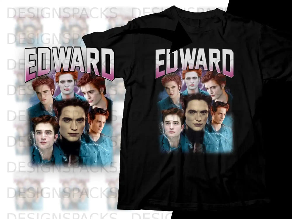 Collage of Robert Pattinson as Edward from Twilight on a black t-shirt.