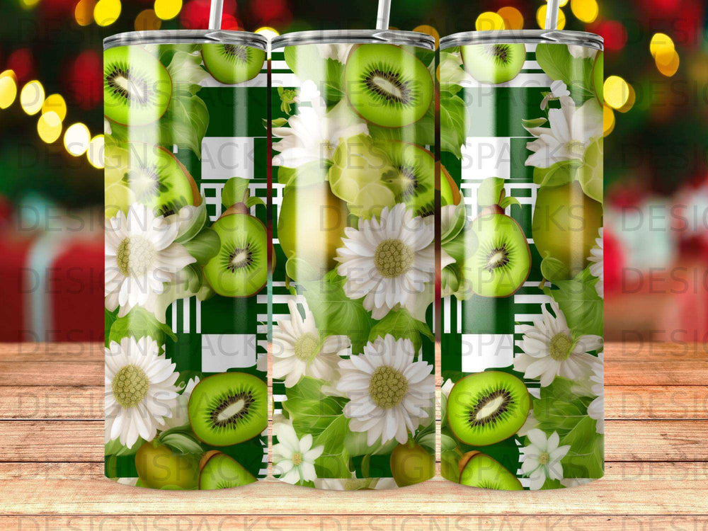Green and white striped tumbler with kiwi slices and white flowers.