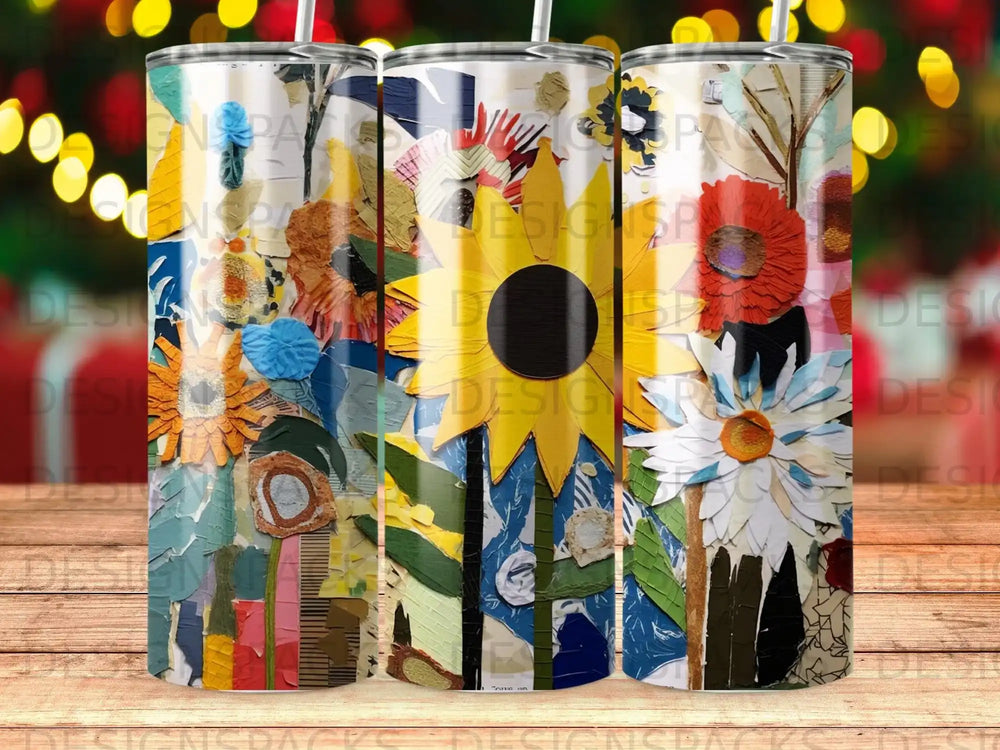 Collage of sunflowers and flowers on a textured tumbler wrap.
