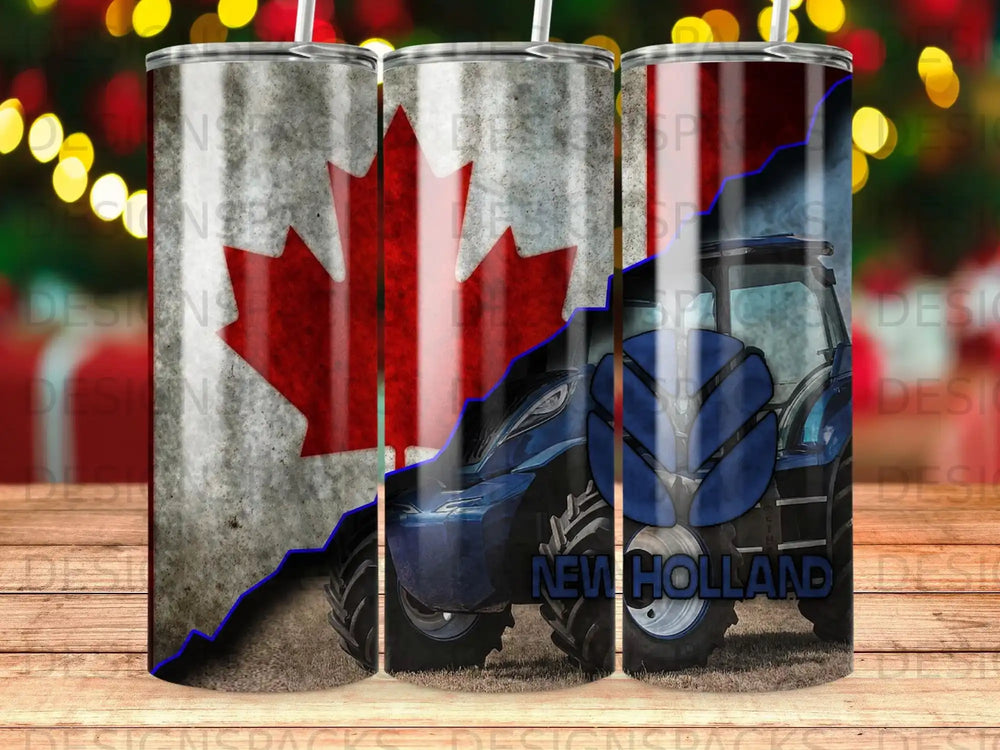 Tractor with Canadian flag design and "New Holland" text.
