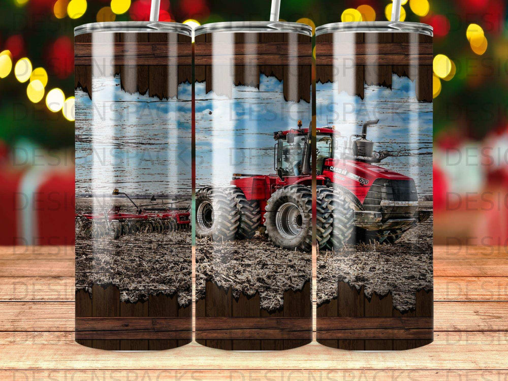 Red tractor plowing a field, with rustic wood frame.