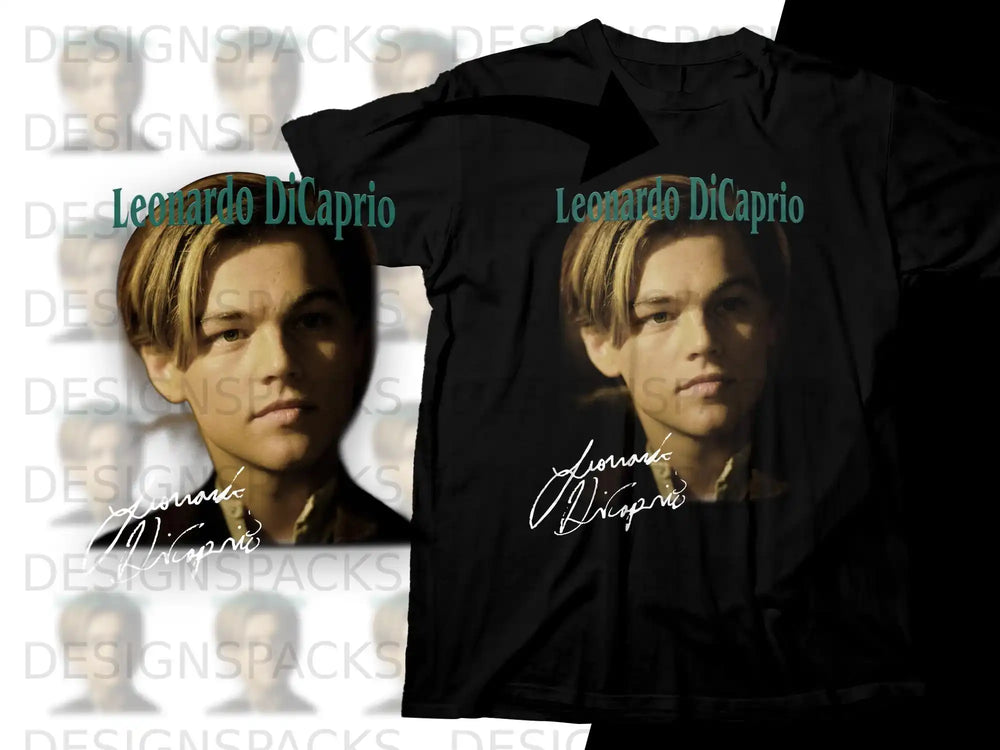 Black t-shirt with Leonardo DiCaprio's portrait and signature.