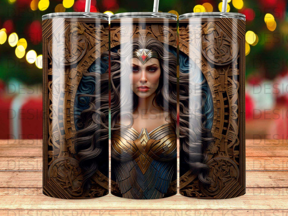 Wonder Woman in ornate armor, centered on a patterned background.