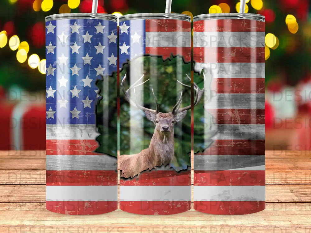 Deer against American flag background with bokeh lights.