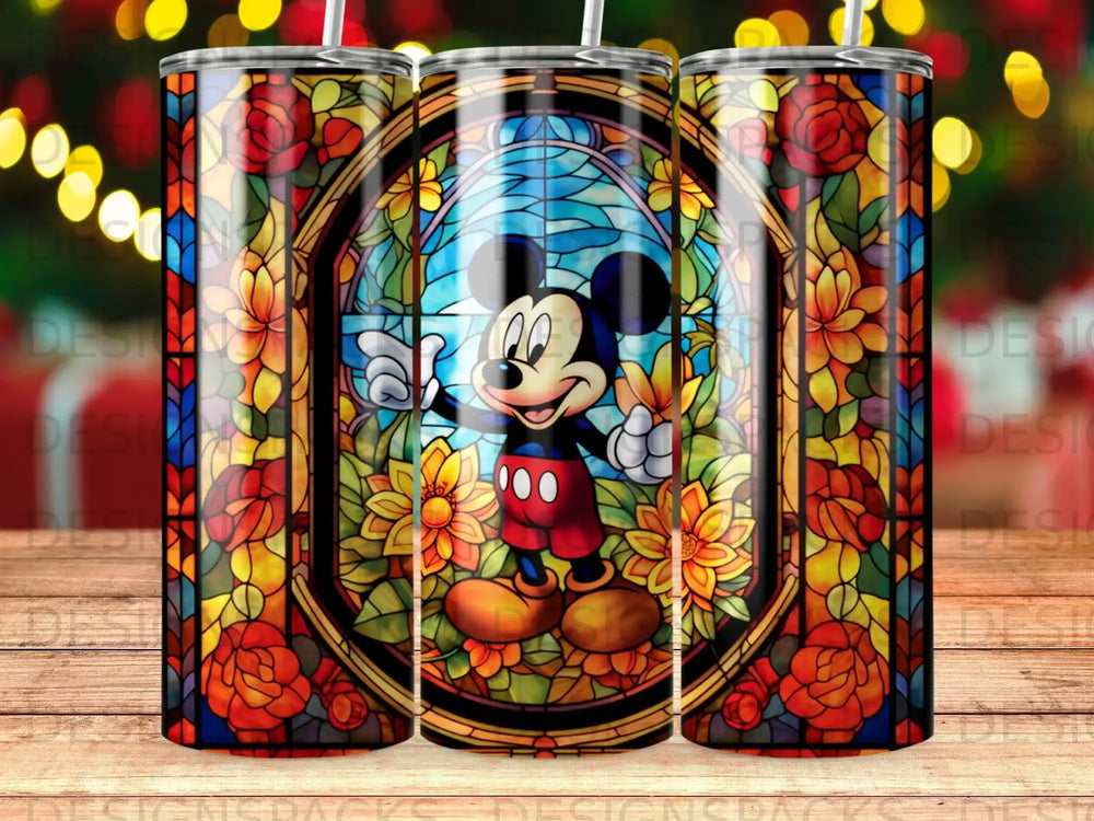 Mickey Mouse in stained glass with flowers and lights.