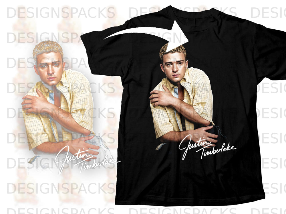 Black t-shirt featuring Justin Timberlake with his signature below.