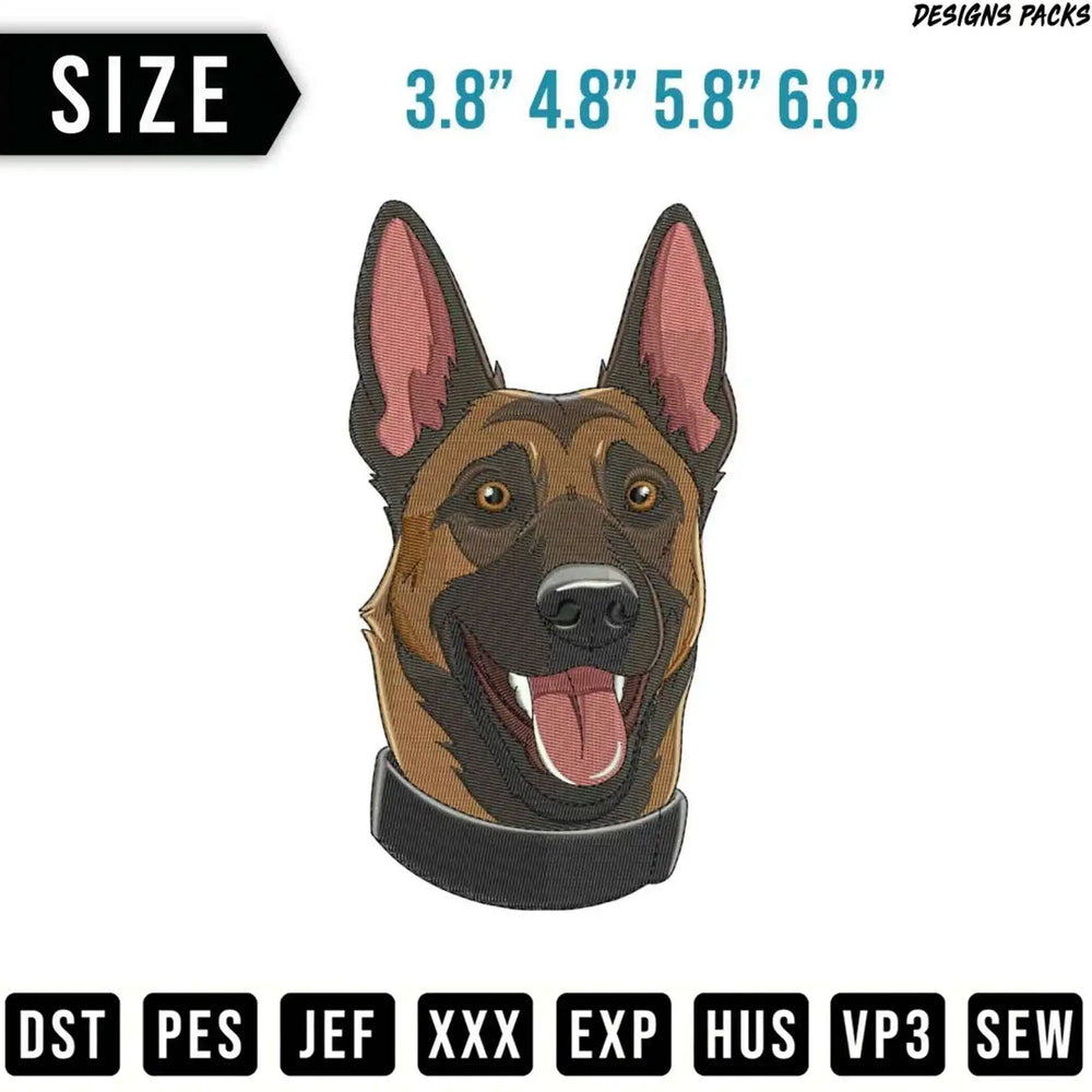 Embroidery design of a German Shepherd dog face with size options and file formats.
