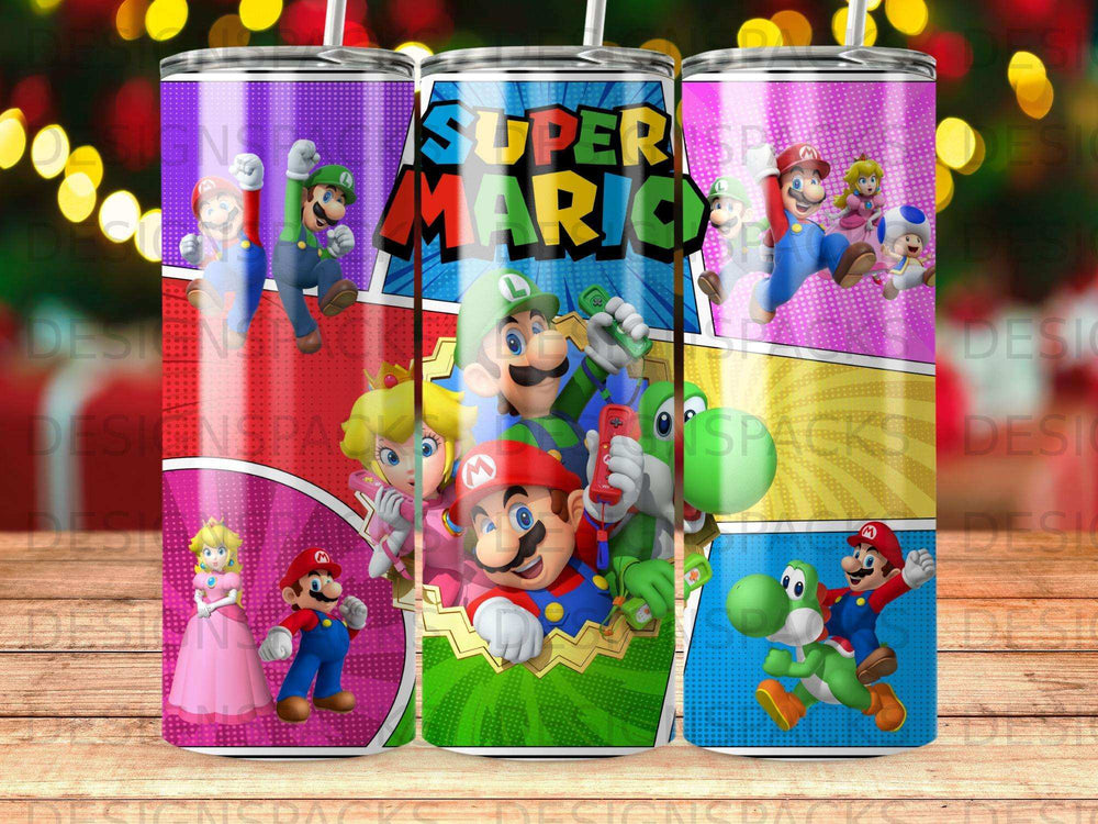 Super Mario characters on three tumblers with "Super Mario" text.