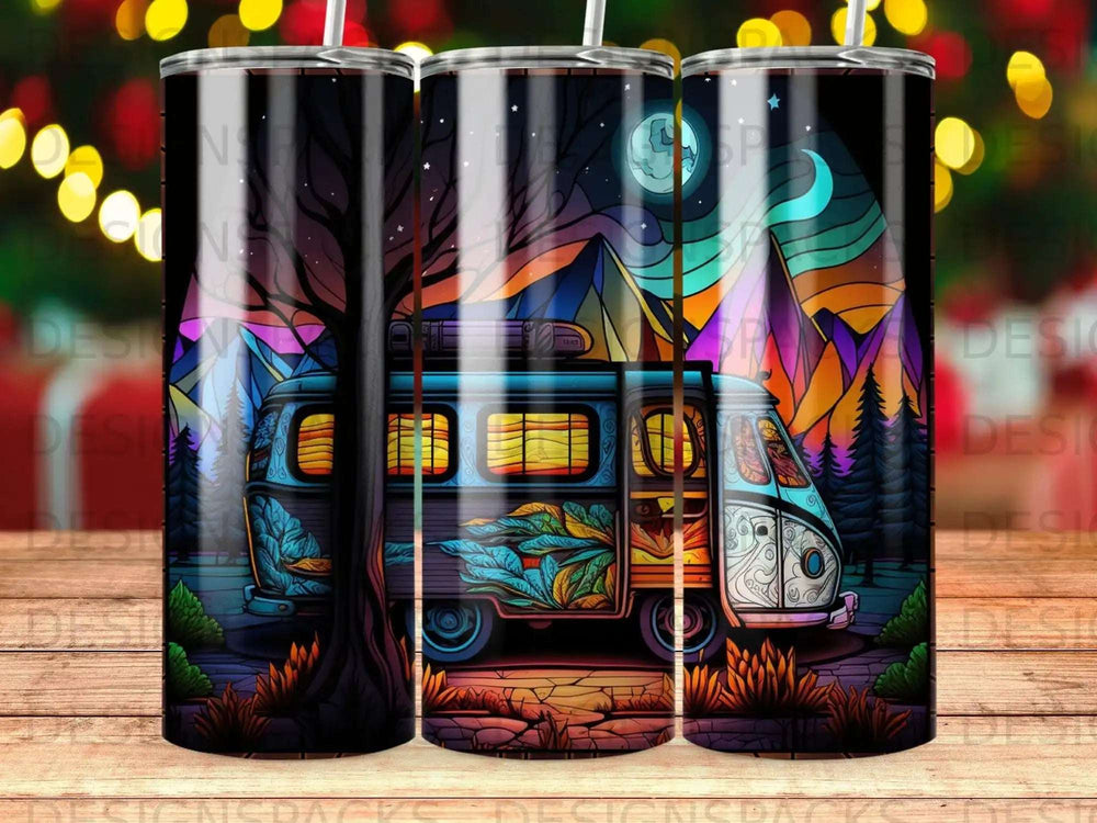 Van with colorful mountain landscape and moon at night.