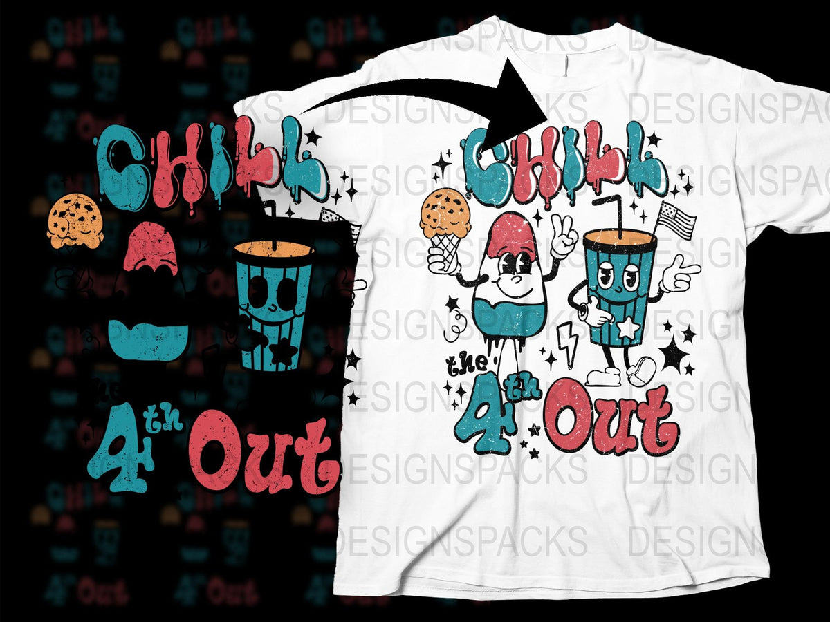 4th of July T-Shirt, Chill Out Summer BBQ Party, Patriotic Graphic Tee with Cool Drinks and Ice Cream Designs
