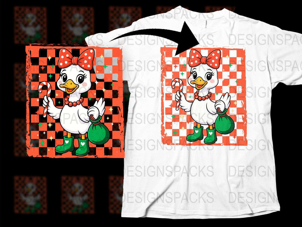 Festive Chicken Holiday T-Shirt, Red and Green Checkerboard Pattern, Cartoon Chicken Design, Christmas Tee