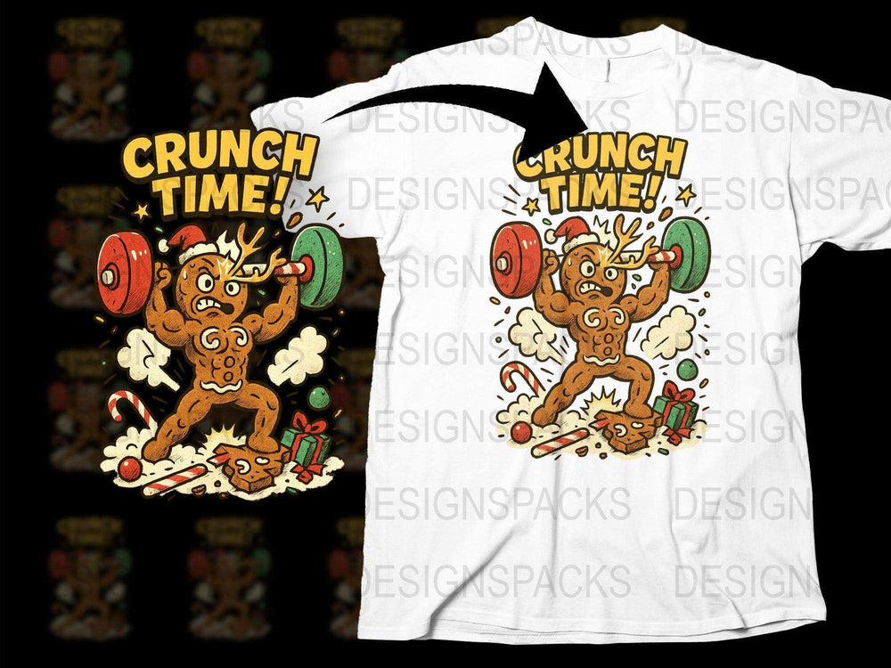 Crunch Time Cartoon Cookie Lifting Weights Funny Gym T-Shirt, Workout Graphic Tee, Fitness Apparel