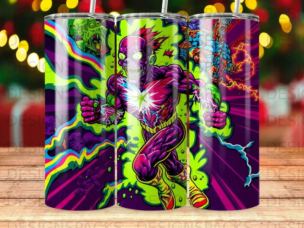 Zombie superhero with lightning bolts and bright green energy.