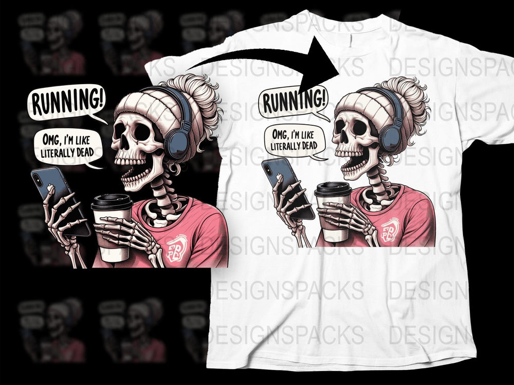 Funny Skeleton Running T-Shirt, OMG Literally Dead Graphic Tee, Casual Skeleton Holding Coffee Shirt
