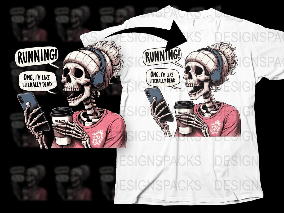 Funny Skeleton Running T-Shirt, OMG Literally Dead Graphic Tee, Casual Skeleton Holding Coffee Shirt