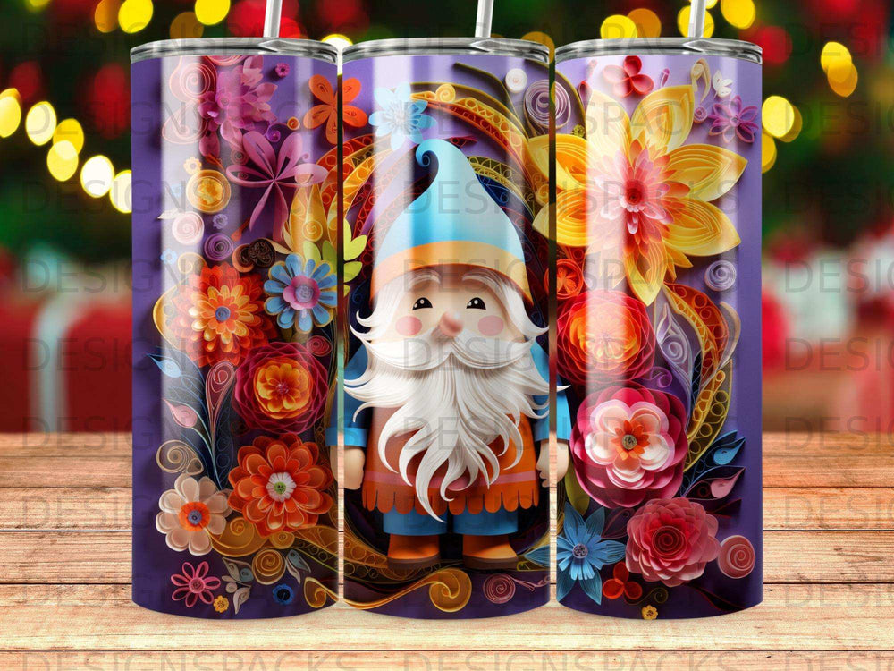 Gnome with colorful floral pattern on a purple tumbler.