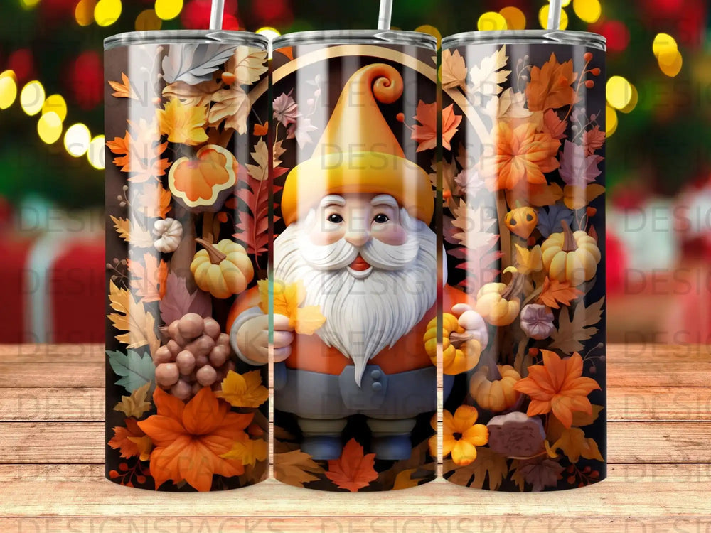 Gnome with pumpkins and autumn leaves design on a tumbler.