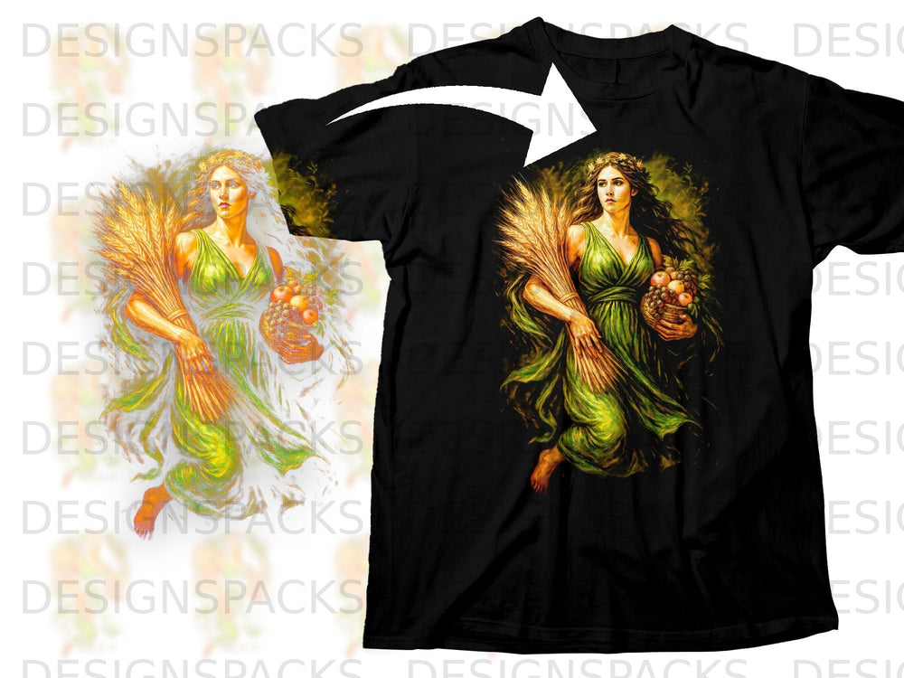 Woman in green dress holding wheat and fruit basket on black t-shirt.