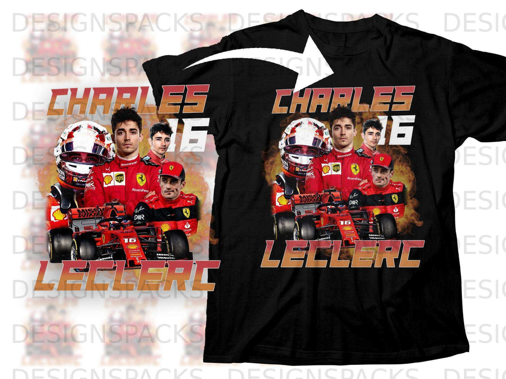 Charles Leclerc in Ferrari racing suit on black t-shirt graphic with car and sponsor logos.