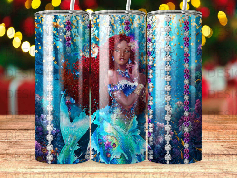 Mermaid with blue tail and red hair on a colorful underwater background.