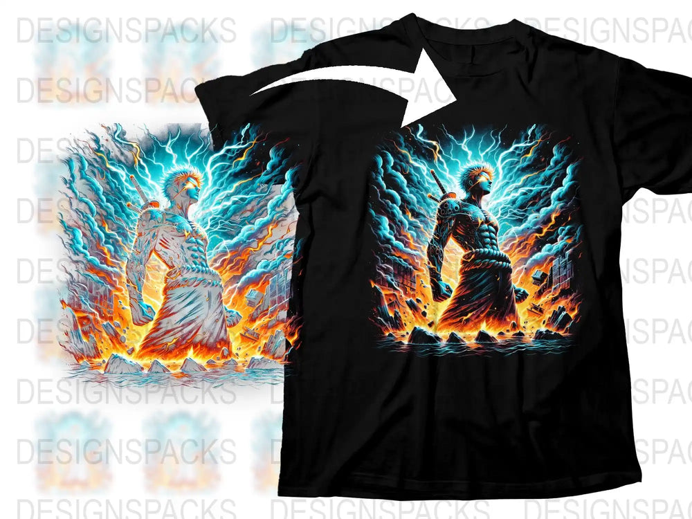 Angel Warrior Graphic T-Shirt, Fantasy Fire and Ice Battle Design, Men's Black Tee, Unique Artistic Apparel, Gift for Gamers