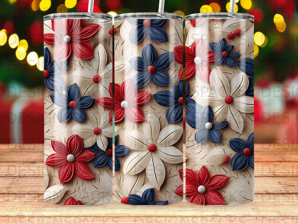 Floral pattern with red, white, and blue flowers on a tumbler.