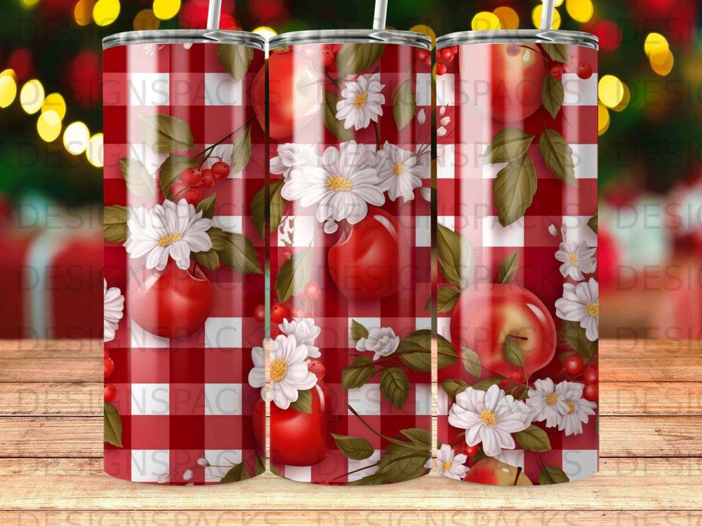 Red gingham pattern with apples, berries, and white flowers on a tumbler.