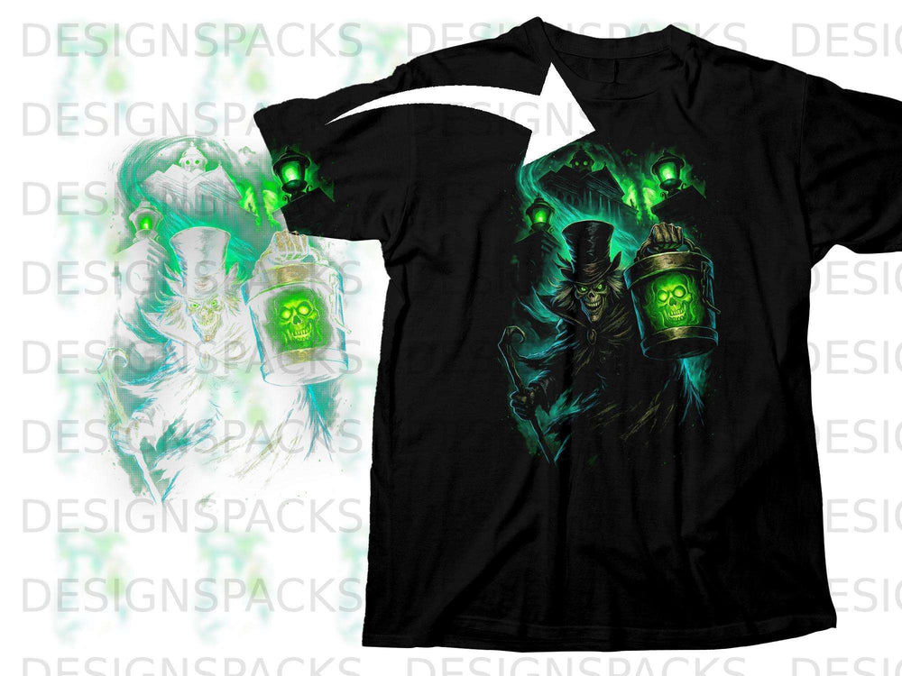 Black t-shirt featuring a spooky figure with a top hat holding a glowing lantern.