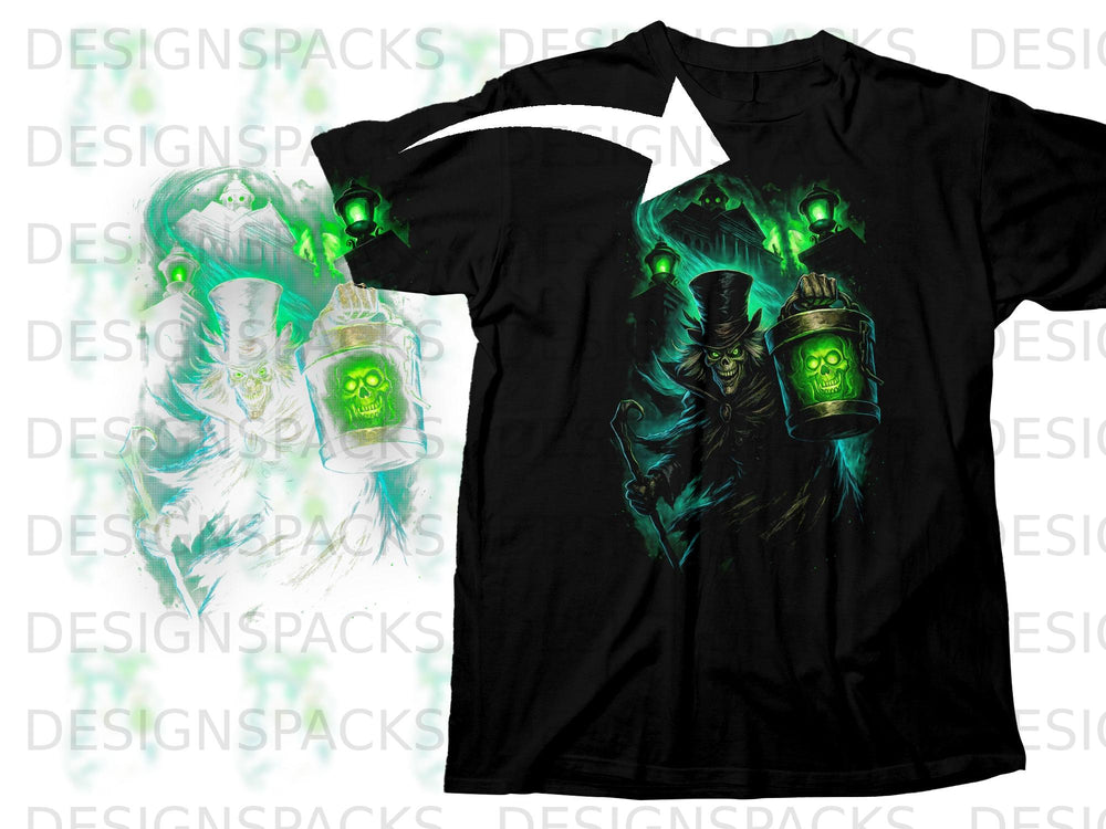 Black t-shirt featuring a spooky figure with a top hat holding a glowing lantern.