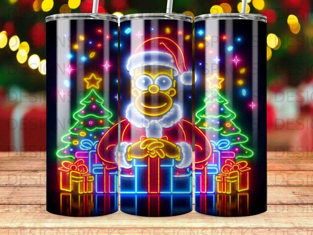Homer Simpson in Santa suit holding gift, surrounded by neon Christmas trees and presents.