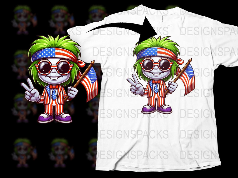 Patriotic Cartoon Character T-Shirt, Funny USA Flag Sunglasses Design, Unisex White Tee