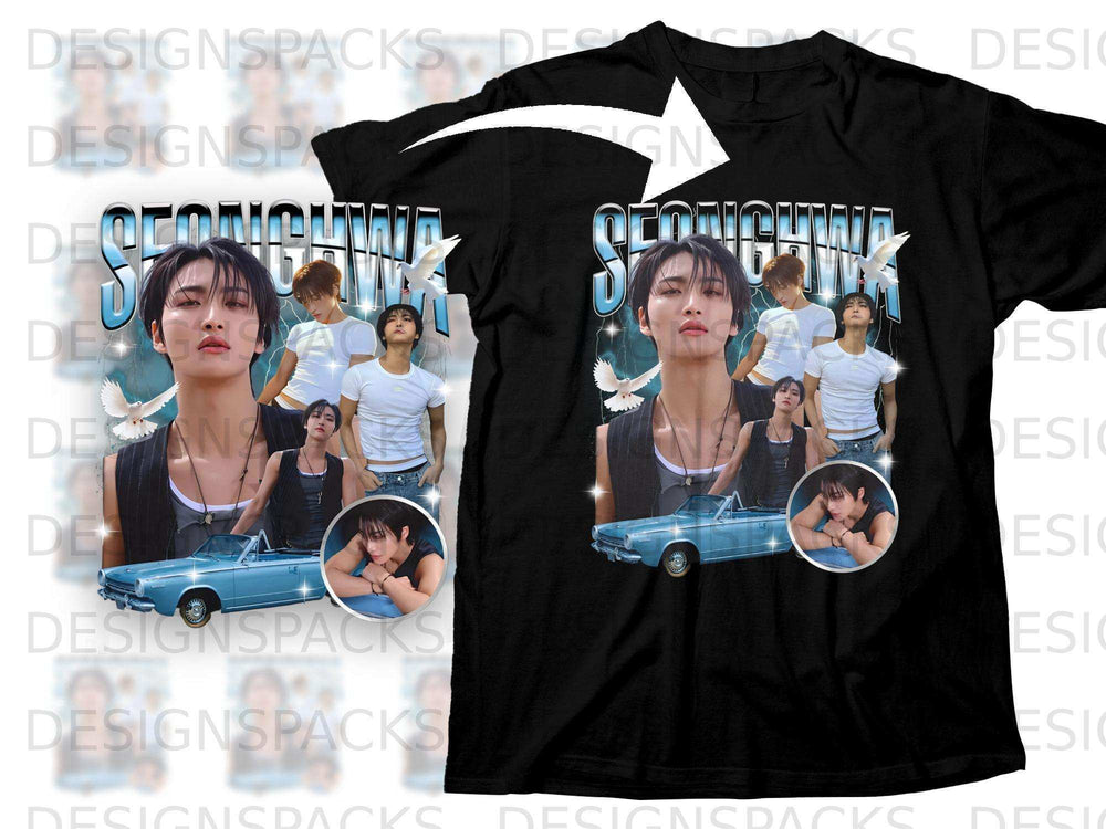 Black t-shirt with K-pop artist Seonghwa and blue car graphic.