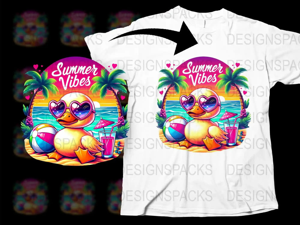 Summer Vibes T-Shirt with Tropical Duck, Beach Ball, and Sunglasses, Colorful Vacation Tee