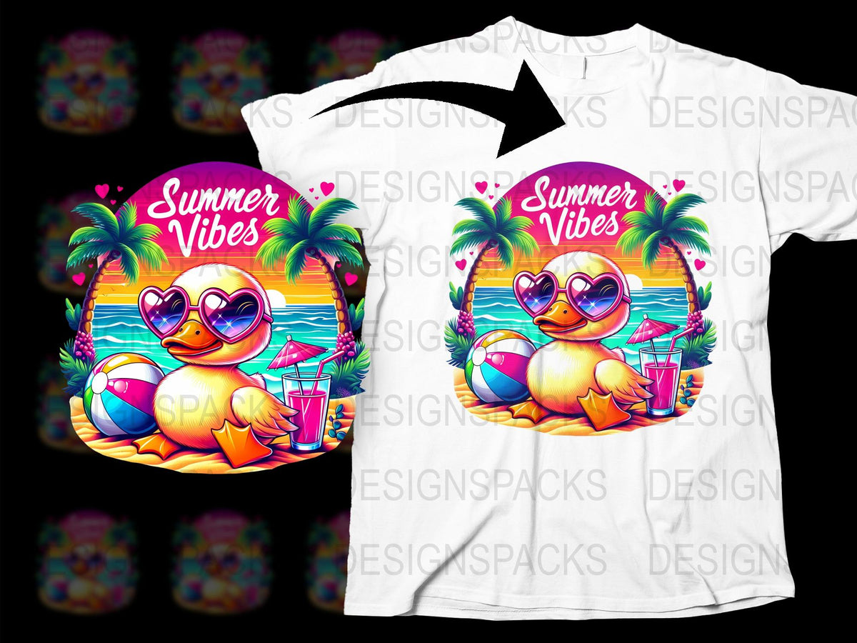 Summer Vibes T-Shirt with Tropical Duck, Beach Ball, and Sunglasses, Colorful Vacation Tee