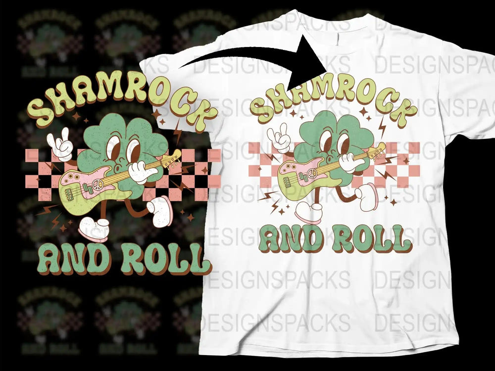 Shamrock and Roll T-Shirt, St. Patrick's Day Guitar Theme, Vintage Irish Music Graphic Tee