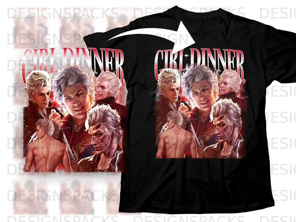 Black t-shirt with "Girl Dinner" graphic featuring a dramatic illustration of a man.