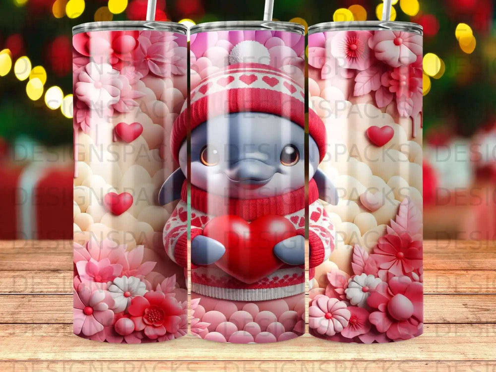 Dolphin wearing hat and sweater holding heart, surrounded by flowers.