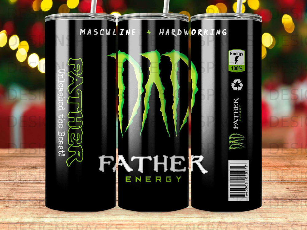 Black tumbler with "FATHER ENERGY" text and monster claw logo.