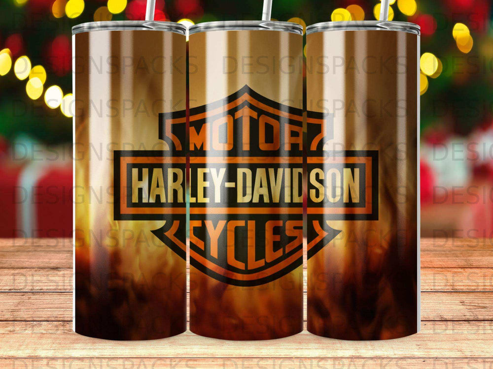 Harley-Davidson motorcycles logo on a brown, orange, and yellow gradient tumbler.