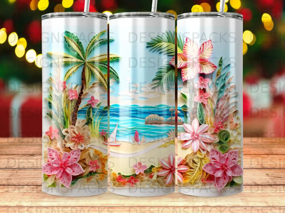 Tumbler with a beach scene featuring palm trees, flowers, and a sailboat.