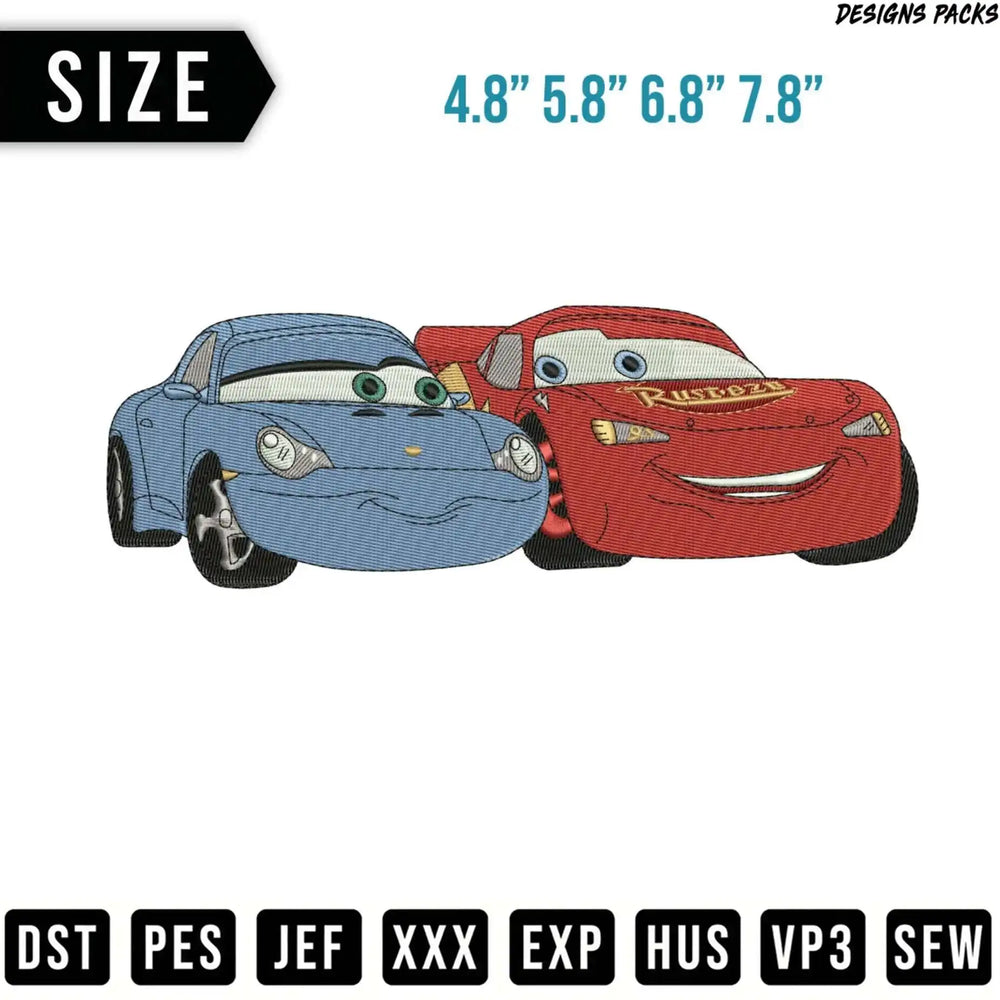 Lightning McQueen and Sally from Cars, with size options and file formats.