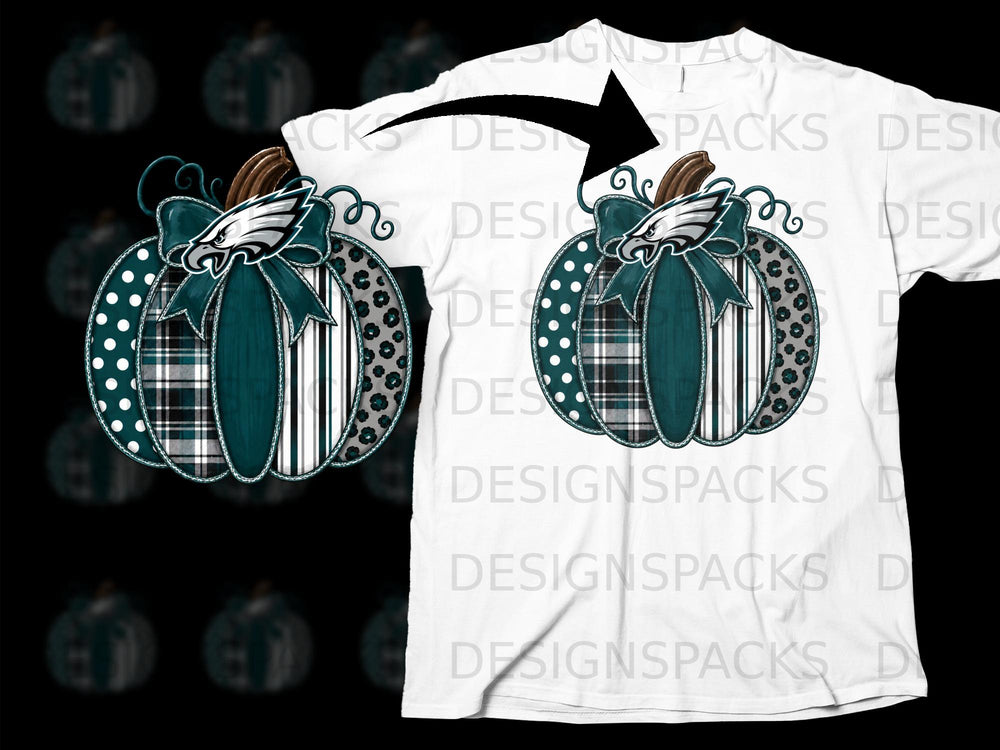 Philadelphia Eagles pumpkin graphic with teal bow and plaid patterns on white shirt.